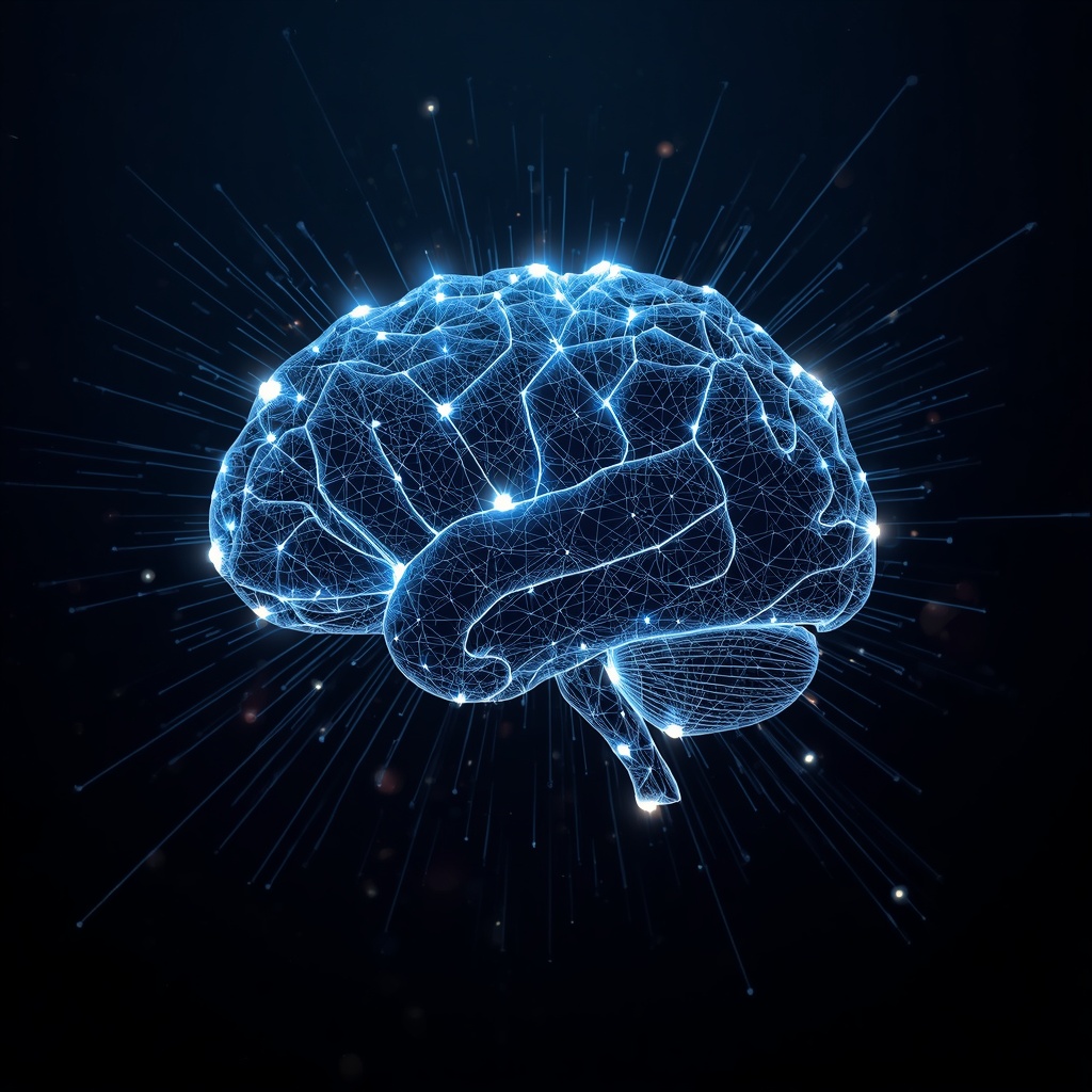 Futuristic AI neural network visualization with glowing nodes and connections on dark background, digital brain concept