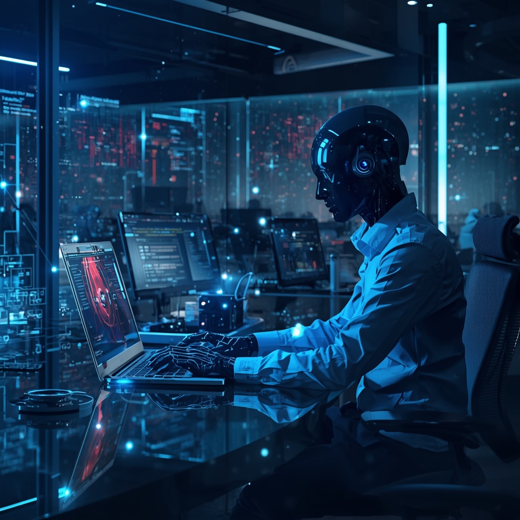 Autonomous AI agent working at a futuristic digital workspace with holographic displays and data streams